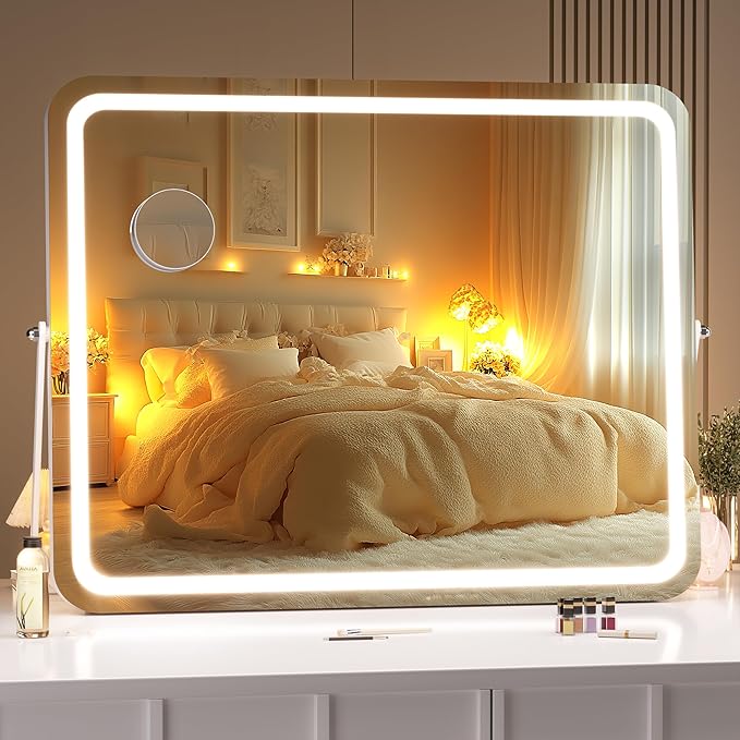Hasipu Vanity Mirror with Lights, 20" x 16" LED Makeup Mirror, 3 Modes Light, Smart Touch Control Dimmable, 360°Rotation, Rectangle White Frame, with 5X Magnifying Glass