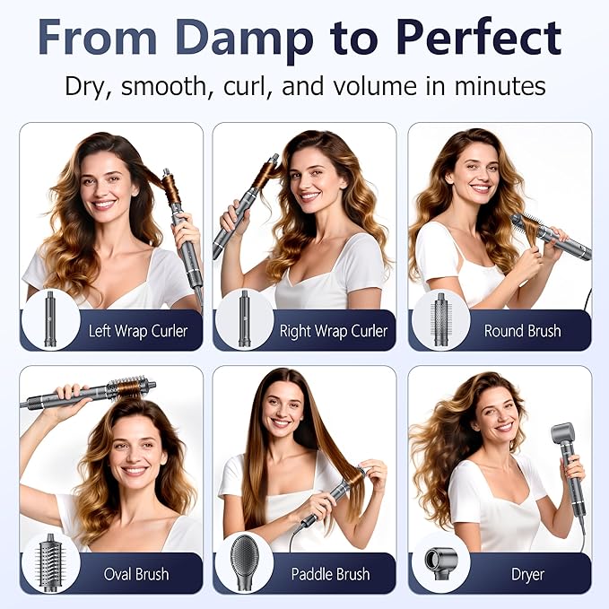 6-in-1 Multi Styler & Professional Hair Dryer Brush, Frizz-Free Hot Air Wrap Hair for Fast Drying, Volumizing, Straightening, Curling Without Heat Damage, Gift for All Hair Types' Women (Gray)