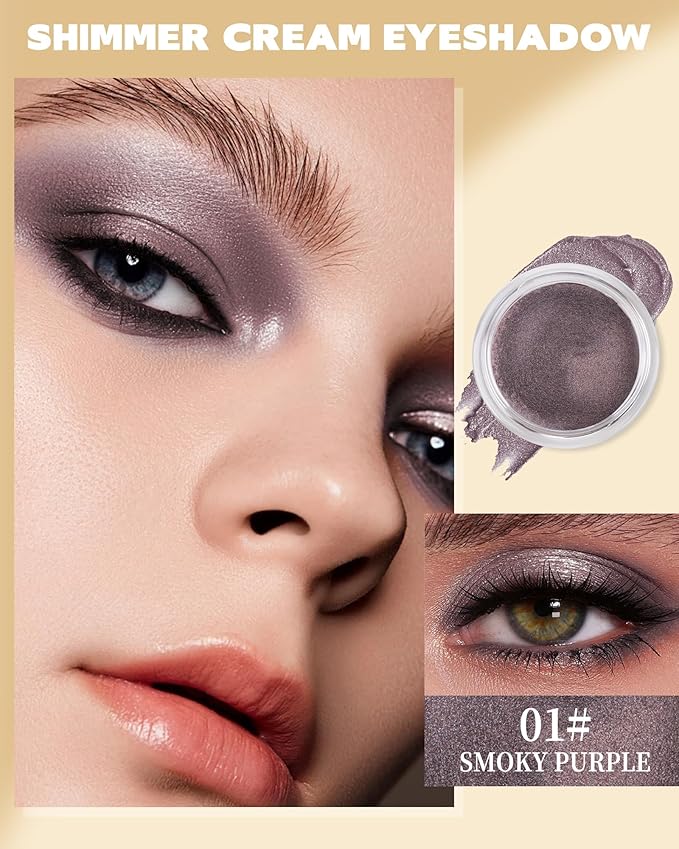 Shimmer Cream Eyeshadow, Ultra-Blendable Glitter Eye Shadow with Moisturizing Formula, Waterproof Long Lasting & Highly Pigmented, Single Creme Eyeshadow Highlighter Makeup for Women-01#Smoky Purple