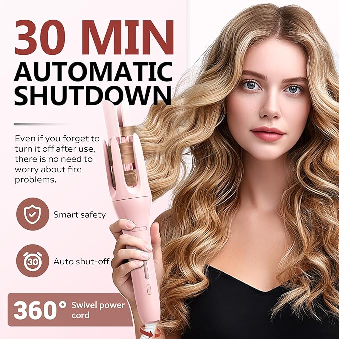 Automatic Rotating Curling Iron with 3 Temperature Fast Heating, Auto Hair Curler with Timer Settings, Anti-Tangle, Automatic Shut-Off and Scalding for Hair Styling, Pink
