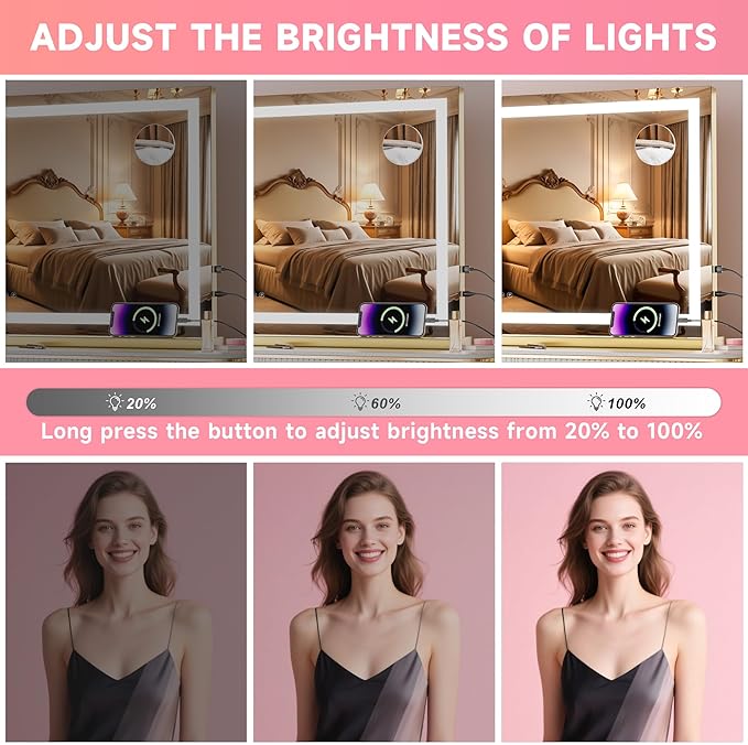 Vanity Mirror with Lights, 28" x 20" LED Makeup Mirror with 10X Magnification, Dimmable 3 Modes, Memory Function, Smart Touch, USB Charging Port, Lighted Makeup Mirror Square Glod
