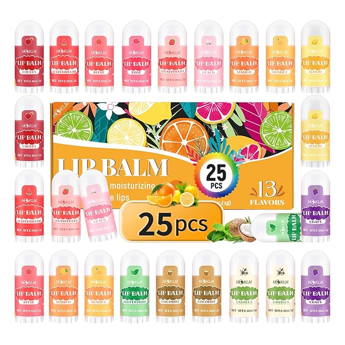 Mini Lip Balm 25 Pack, Natural Lip Balms with Vitamin E and Coconut Oil. Moisturizes for Dry Lips, Perfect for Party Favors, Gift Bags and Small Gifts-13 Flavors