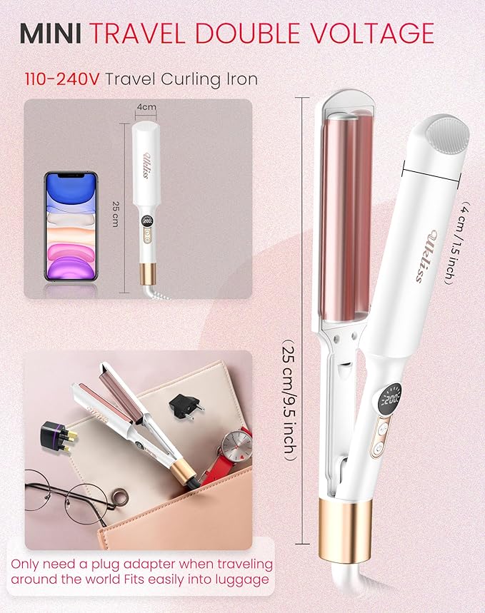 Mini Waver Crimper Hair Tool for Women Short Hair Travel 0.4 inch Double Barrel Small S Waver Curling Iron Dual Voltage (110-240V) with European Plug Adapter, 5 Temps for Dating, Daily (White Gold)