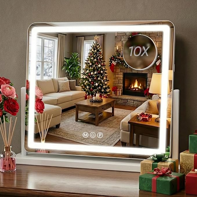 Antok Vanity Mirror with Lights, 22"X19" Lighted Makeup Mirror, Smart Touch, 3 Color Modes and Brightness Adjustable, LED Vanity Mirror with Detachable 10X Magnification, 360° Rotation for Makeup Desk