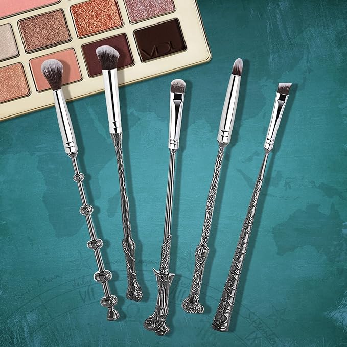 Wi-zard Wand Makeup Brushes Set, Potter Make Up Brush Set for Women Girls 5pcS，Best Harry Gifts for kids(Silver)