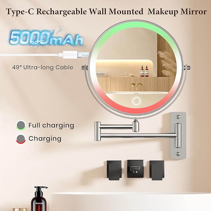 9" Large 15X Rechargeable Wall Mounted Lighted Makeup Mirror Nickel, 5000mAh HD Magnifying Mirror with 3 Color Bright Lights Touch Screen Dimmable, 17" Extendable 360° Swivel Bathroom Vanity Mirror