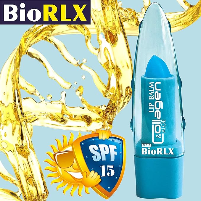 BioRLX 99% Purity Aloe Vera Lip Balm - Natural Moisturizing Unisex Lip Care for Hydrated and Radiant Lips (Collagen & Aloe Vera, 0.12 Ounce (Pack of 3))