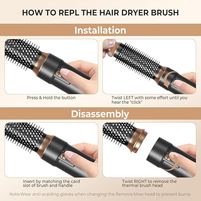 6 in ONE Blow Dryer Brush,Air Curling Iron Round Brush Blow Dryer 800W,Ionic Hair Dryer Brush for Women, Hot Air Brush Hair Styling Tools 100-120V (Black Gold)