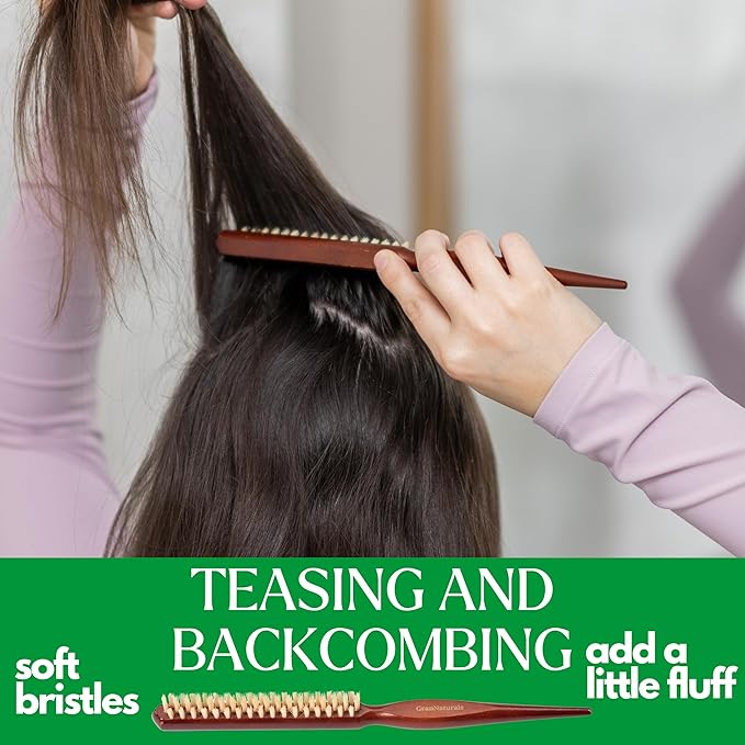 GranNaturals Soft Boar Bristle Teasing Brush for Slick Back Hair, Backcombing, Edge Control, Smoothing Baby Hairs to Create Volume and Sleek Hairstyle - White Bristles - Wooden Rat Tail Comb Handle