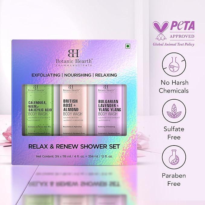 Botanic Hearth Relax And Renew Shower Set | Pack Of 3 Of Body Wash (British Rose,Lavender, Calendula Neem) 2 Fl Oz Each