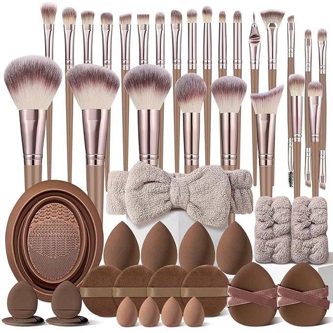 Brown Makeup Brushes Set Professional 47Pcs Premium Synthetic for Foundation Concealer Blush Eyeshadow Powder Contour Makeup Brush Kit Face Eye Make up Brushes & Tools
