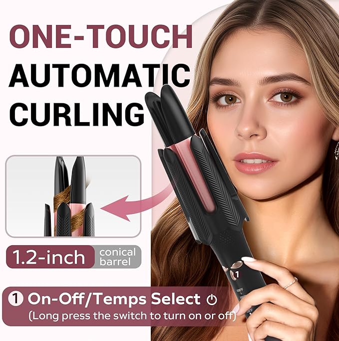 Auto Rotating Hair Curler - 4 Temperature and Timer Settings, Automatic Curling Iron with Automatic Shut-Off, Anti-Tangle and Scalding, Curling Wand for Long Lasting Curls (Black)