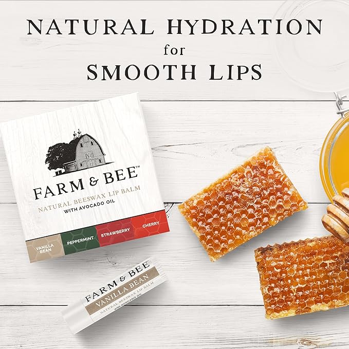 Natural Lip Balm – Variety Pack - Organic & Natural Ingredients - Beeswax Based Lip Care Chapstick - Great Gift - Farm & Bee - 0.15oz (Pack of 4 - Vanilla Bean/Peppermint/Strawberry/Cherry)