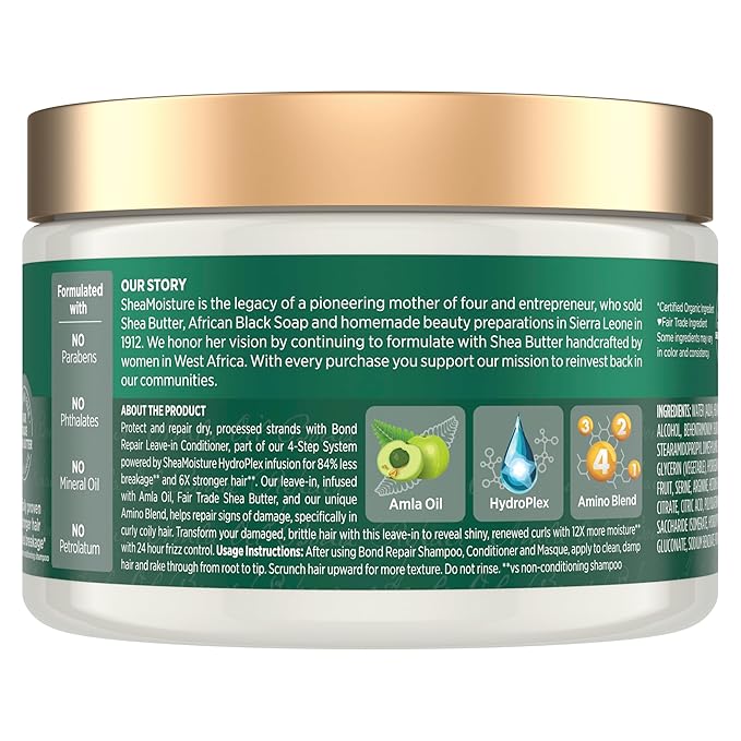 SheaMoisture Bond Repair Leave-In Conditioner AmlaOil Protects Against Damage & Strengthens Hair Bonds with Hydroplex Technology & AmlaOil For Less Breakage with Restorative HydroPlex Infusion 11fl oz
