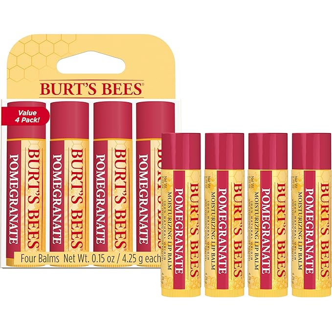 Burt's Bees Back to School Gift Ideas, Lip Balm - Pomegranate, Lip Moisturizer With Responsibly Sourced Beeswax, Tint-Free, Natural Origin Conditioning Treatment, 4 Tubes, 0.15 oz.