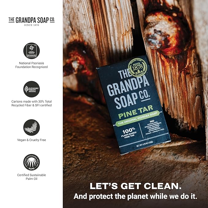 The Grandpa Soap Company Pine Tar Bar Soap for Men- Made With Pine Tar Oil, 3 in 1 Cleanser Deodorizer and Moisturizer, Dermatologist Tested, Safe for Sensitive Skin, 3.25 Oz, 3 Pack