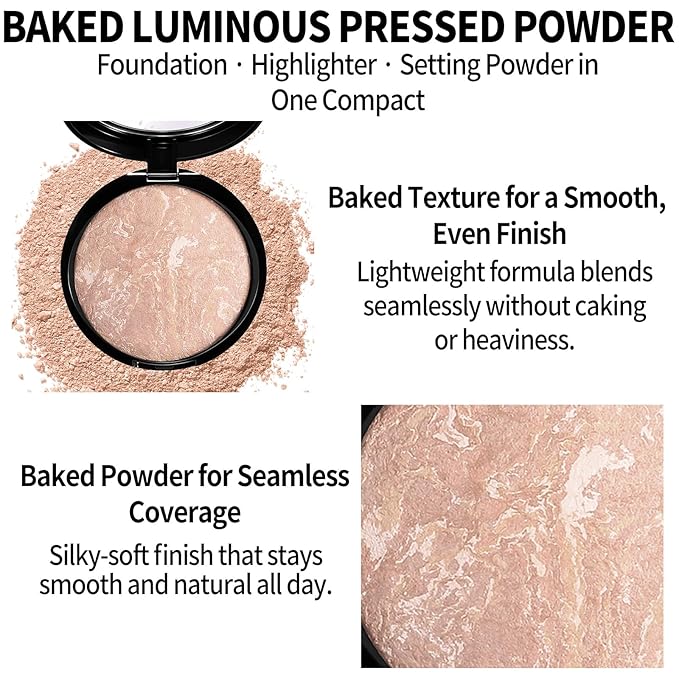 Baked Luminous Pressed Powder–Glow-Infused Foundation,Highlighter & Setting Powder in One–Color-Correcting,Oil-Control,Long-Lasting Coverage for All Skin Tones 03
