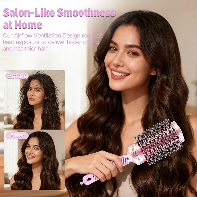 URTHEONE Round Hair Brush for Blow Drying, Ceramic Ionic Styling Tool with Mixed Bristles and Hair Clips, for Smooth and Voluminous Styles on Long Hair (2.1 Inch)