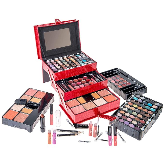 SHANY All In One Makeup Set, 67 Colors Eyeshadow, Blushes, Face Powder, Lipstick, Eye liners, Make up Pencils and Cosmetics Mirror - Makeup Kit With Reusable Beauty Organizer Train Case - Red