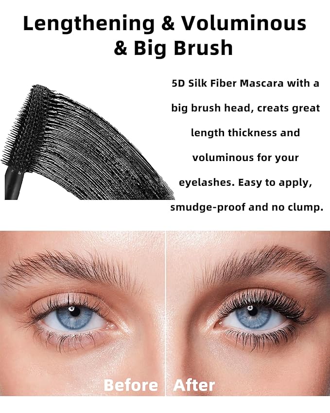 Black+White Waterproof Mascara for Eyelash, 5D Silk Fiber Lashes Extension Colored Tube Mascara with Eyelash Brush, Long Lasting Smudge-proof Volumizing Lengthening, Eye Makeup Gift for Women