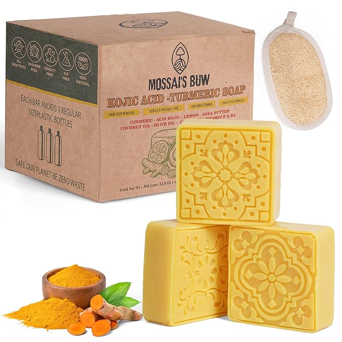 Kojic Acid and Turmeric Soap Bar for Dark Spots – Natural Brightening Bar with Coconut & Olive Oil, Lemon, Shea Butter, Vitamin C&E – Cleansing Moisturizing Bath Soap (3Pack) + Loofah Bath Sponge