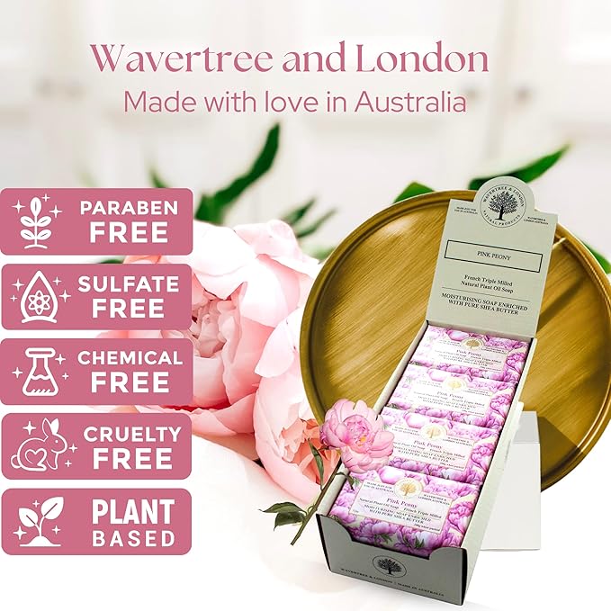 Wavertree & London Pink Peony Scented Natural Soap (8 Bars), 7oz Moisturizing French Triple Milled Soap Bars enriched with shea butter - Pure Plant Oil Bath & Body Bars for All Skin Types