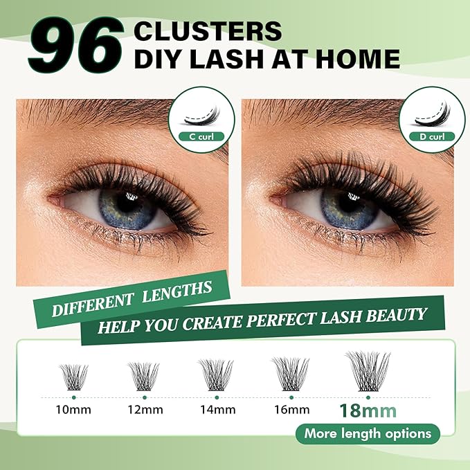 Lash Clusters 96pcs Individual Lashes D Curl 12mm Eyelash Clusters KEYYOU Volume Wispy Lash Extension Soft&Comfortable Easy DIY at Home(Y23,D-12mm)