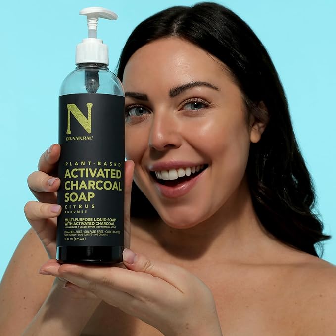 Dr. Natural Activated Charcoal Liquid Soap - Combat Acne and Blemishes - Deep Cleansing Body Wash - Gentle Body Soap for Clear Skin - Citrus - 16 oz