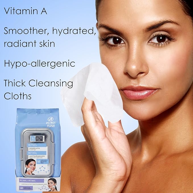 Global Beauty Care Retinol Makeup Remover Wipes - Gentle Daily Facial Cleansing Wipes for Sensitive Skin, Anti-Aging, Hydrating & Renewing For Radiant Smooth Skin, Travel-Friendly, 60 Count (1-Pack)