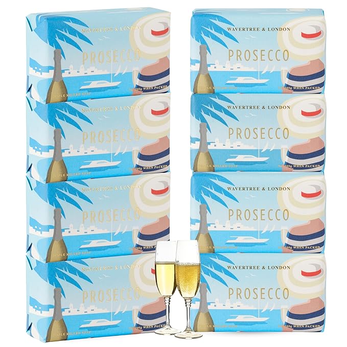 Wavertree & London Prosecco Scented Natural Soap (8 Bars), 7oz Moisturizing French Triple Milled Soap Bars enriched with shea butter - Pure Plant Oil Bath & Body Bars for All Skin Types