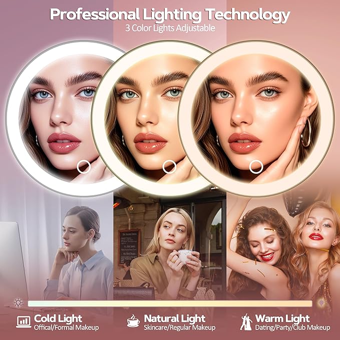 30X Magnifying Mirror Suction Cup, 6" Makeup Mirror with Lights, Rechargeable Travel Mirror with 3 Color Dimmable Lights for Precision Makeup, Fits Bathroom/Wall Suction/Hanging, Black