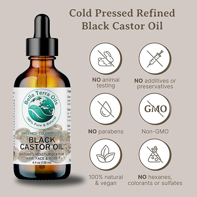 Bella Terra Oils - Black Castor Oil 8 oz - Dive into the Essence of Cold-Pressed Nourishment, Abundant in Essential Vitamins