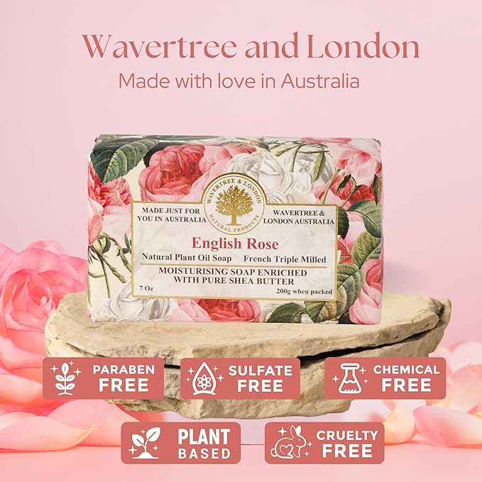 Wavertree & London English Rose Scented Natural Soap Bar, 7oz Moisturizing French Triple Milled Soap Bar for Women & Men Enriched with Organic Shea Butter, Pure Bath & Body Soap (1 Bar)