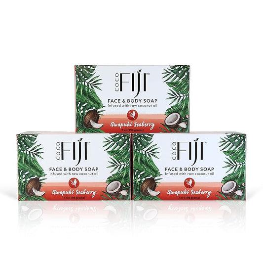 "Coco Fiji Soap Bar for Face and Body Infused With Organic Coconut Oil, Awapuhi Seaberry, Essential Oil, Natural Soap for Moisturizing & Pore Purifying Skin, 7 oz, Pack Of 3 "