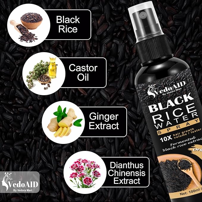 Black Rice Water Spray for Hair Growth – Organic Hair Serum with Castor Oil & Ginger Root – Strengthens, Thickens & Repairs Hair – Hair Loss Treatment for Women & Men – 100ml/3.2 fl.oz (3pc)