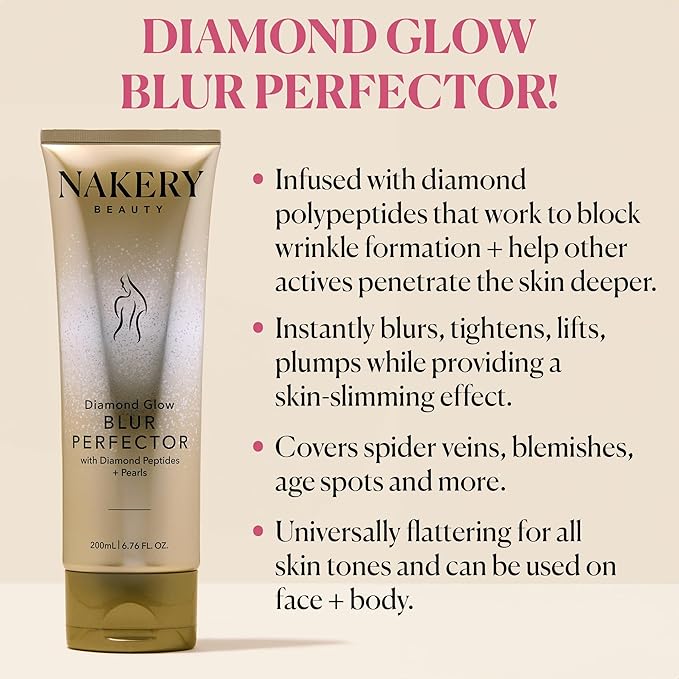 Nakery Diamond Glow Blur Perfector Face & Body Bronzer Shimmer - Illuminating Shimmer Lotion for Women Body - Hydrating Body Glow Shimmer with Diamond Peptides - Instantly Plumps & Tightens Skin