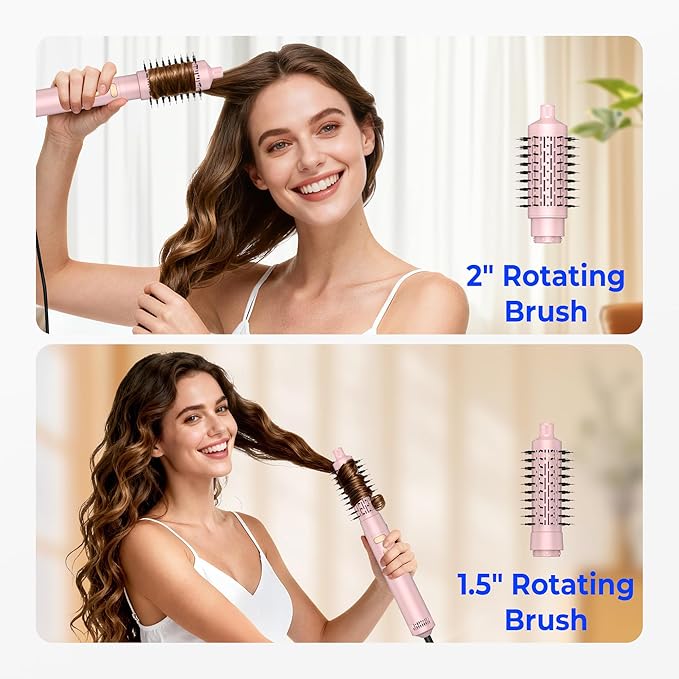 3 in 1 Rotating Hair Dryer Brush,Negative Ionic Professional Brush Blow Dryer with Detachable Brush(2" & 1.5"),3 Heats and 2 Speeds Rotating Hot Air Brush for Curling,Straight,Drying