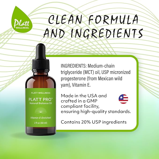 Platt Wellness Platt Pro Natural Balance Oil – 2 oz Bio-Identical USP Progesterone + Vitamin E in MCT Oil Base for Hormonal Balance – Soy-Free, Paraben-Free, Made in USA