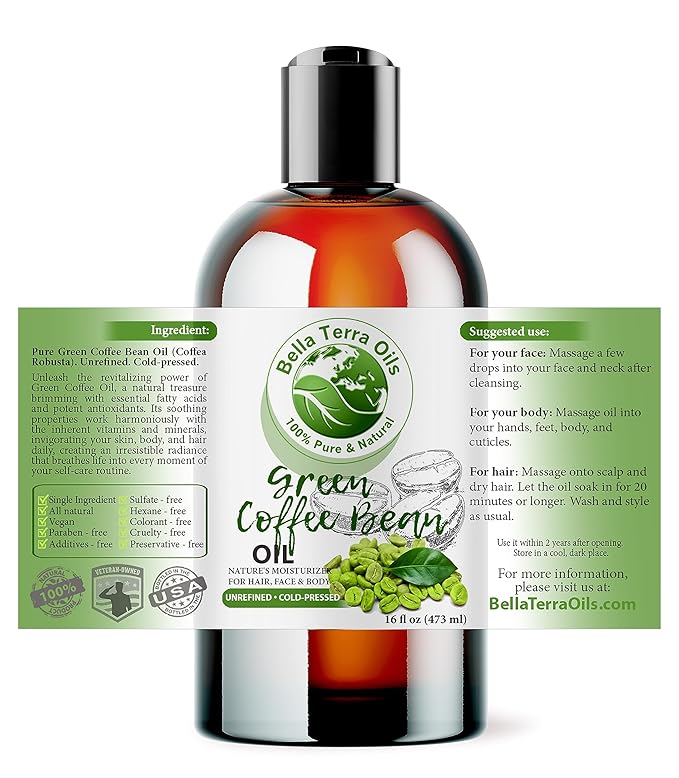 Bella Terra Oils - Green Coffee Bean Oil 16oz - Harness the Purity of Coffee Serum Ingredients, Enriched with Potent Acids for Lush & Healthy Skin