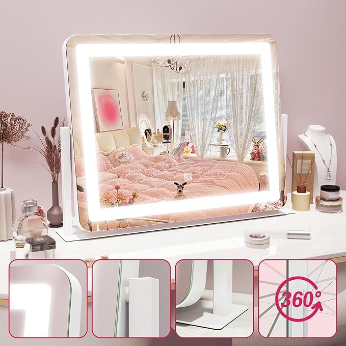 HNV 22"x17" Vanity Mirror with Lights, LED Makeup Mirror with 3 Color Modes & Dimmable Touch Control, 360° Rotation, Aluminum Frame, Large Lighted Mirror for Bedroom or Dressing Table