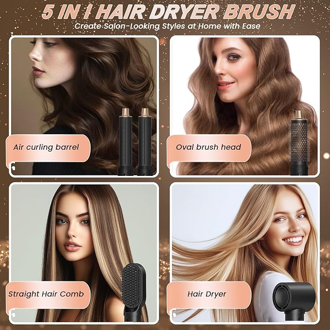 5 in 1 Hot Air Brush - Blow Dryer Brush & Air Curling Wrap Styler with Negative Ion Technology, Hair Dryer Brush for Drying, Curling, Straightening & Styling, Holiday Gift for Women (Black)
