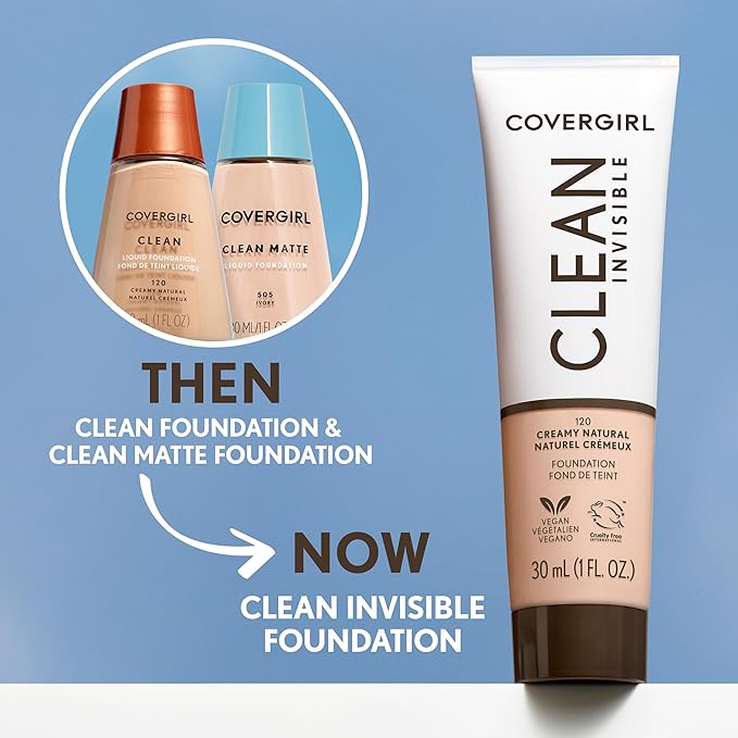 COVERGIRL Clean Invisible Foundation Makeup, Dewy & Glowy Natural Finish, Buildable Coverage, Skin-Like Smooth Look, Vegan, Light Ivory, 1oz