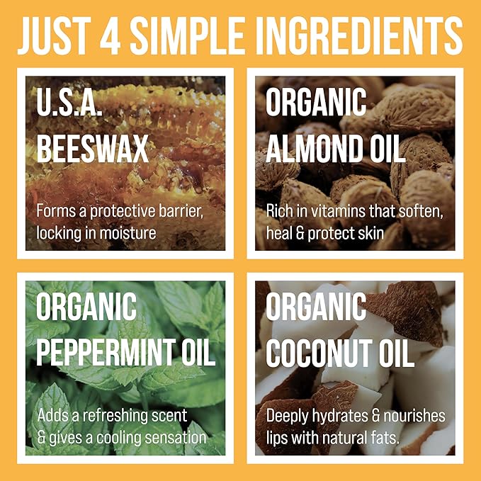 Dooey's Bees All Natural Handmade Beeswax Based 4 Ingredient Lip Balm, Peppermint 4 Count
