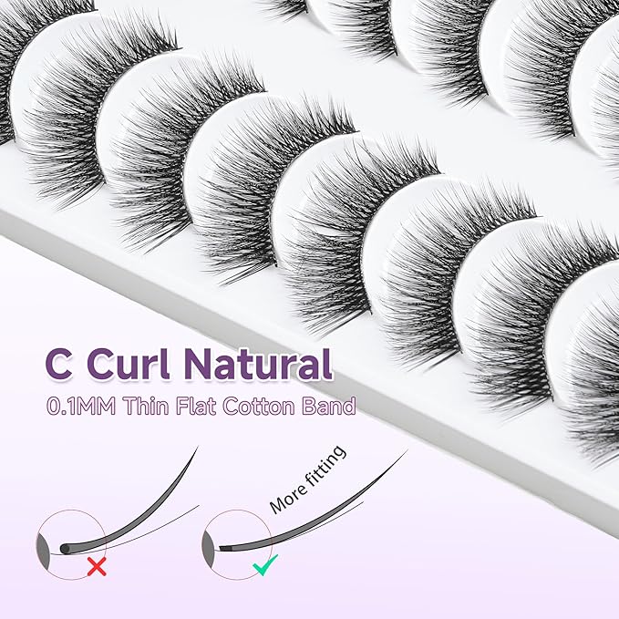 Lashes Cat Eye15mm Wispy Eyelashes Thin Band False Eyelashes 3D Volume False Lashes Soft Strip Lashes Pack C Curl Natural Eyelash Fake Lash 10 Pair EVENTILL