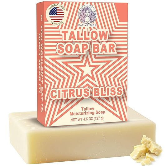 Eat My Face Beef Tallow Soap Bar Grass Fed | Organic Natural Body Wash Soap Bar for Women & Men | Moisturizing Tallow Cleanser for All Skin Types | Nourishing with Citrus Bliss Scent