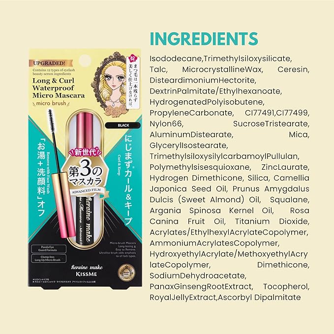 Heroine Make by KissMe Mini Mascara Black, Waterproof Mascara Volume and Length with Ultra-Fine Brush for Precise Application, Hypoallergenic & Long-Lasting, Smudge-Proof Lashes, Made in Japan 1 EA