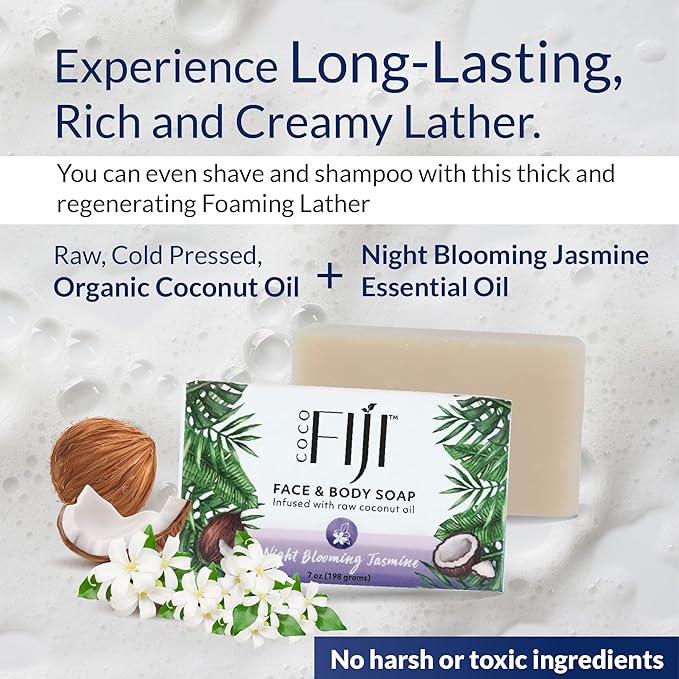 "Coco Fiji Soap Bar for Face and Body Infused With Organic Coconut Oil, Night Blooming Jasmine Essential Oil, Natural Soap for Moisturizing & Pore Purifying Skin, 7 oz, Pack Of 2 "