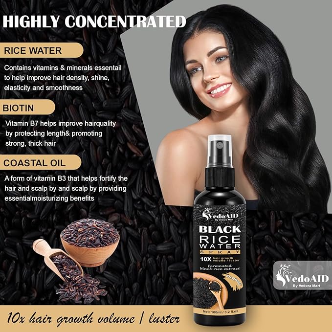 Black Rice Water Spray for Hair Growth – Organic Hair Serum with Castor Oil & Ginger Root – Strengthens, Thickens & Repairs Hair – Hair Loss Treatment for Women & Men – 100ml/3.2 fl.oz (2pc)