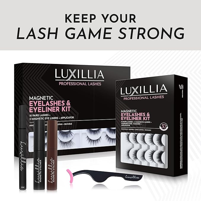 Luxillia Magnetic Eyelashes Kit – 16 Piece Magnetic Eyelash & Eyeliner Set with Applicator – Natural Look Easy Apply Reusable Fake Extension Lashes, No Glue – Pestañas Postizas Magnéticas Naturales