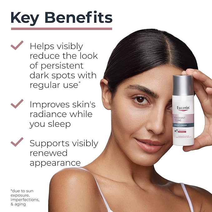 Eucerin Radiant Tone Night Cream, Dark Spot Corrector with Thiamidol, Night Moisturizer for Face Helps Visibly Reduce the Look of Persistent Dark Spots, All Skin Types, 1.7 Oz Bottle